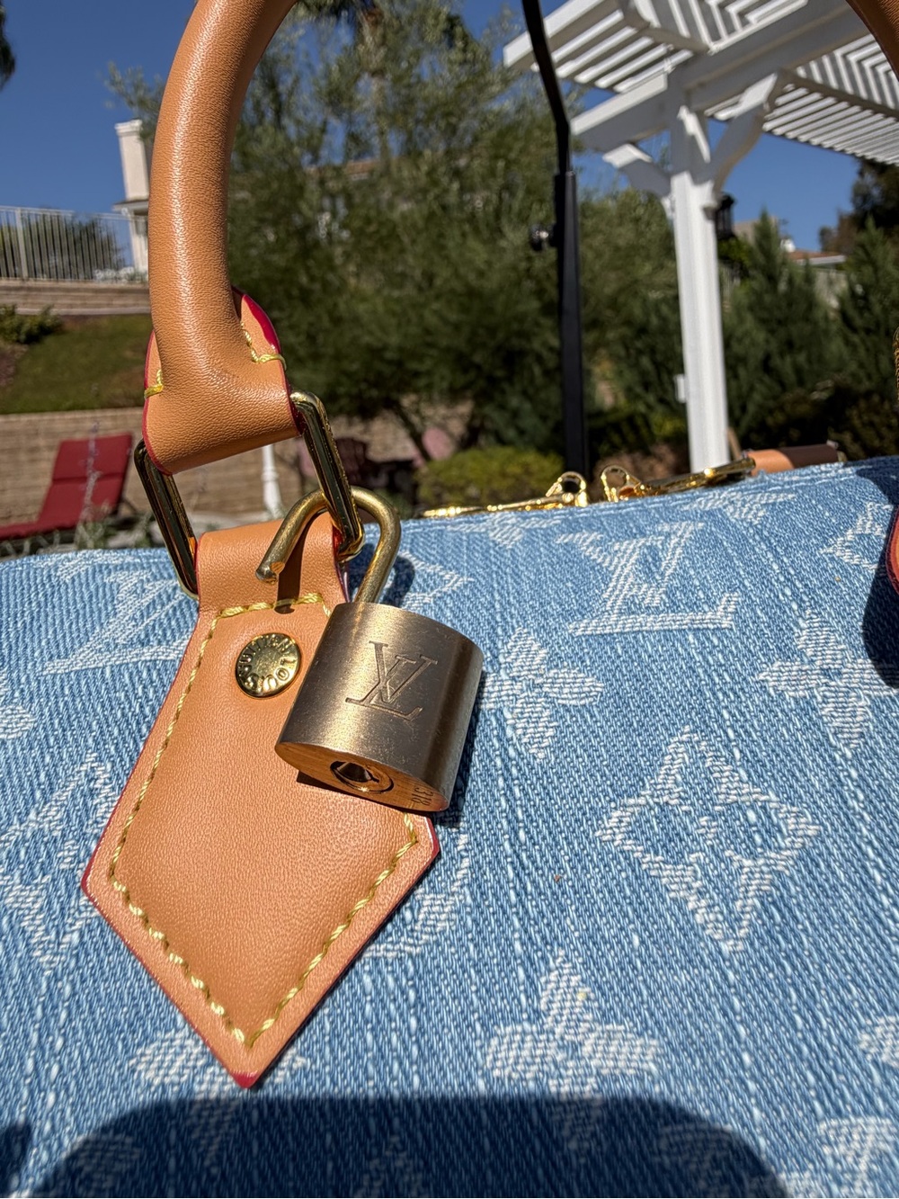 NEW LV Print Speedy Denim Monogram Satchel HandBag Blue Tan & Gold Lock Key - Picture 12 of 16
